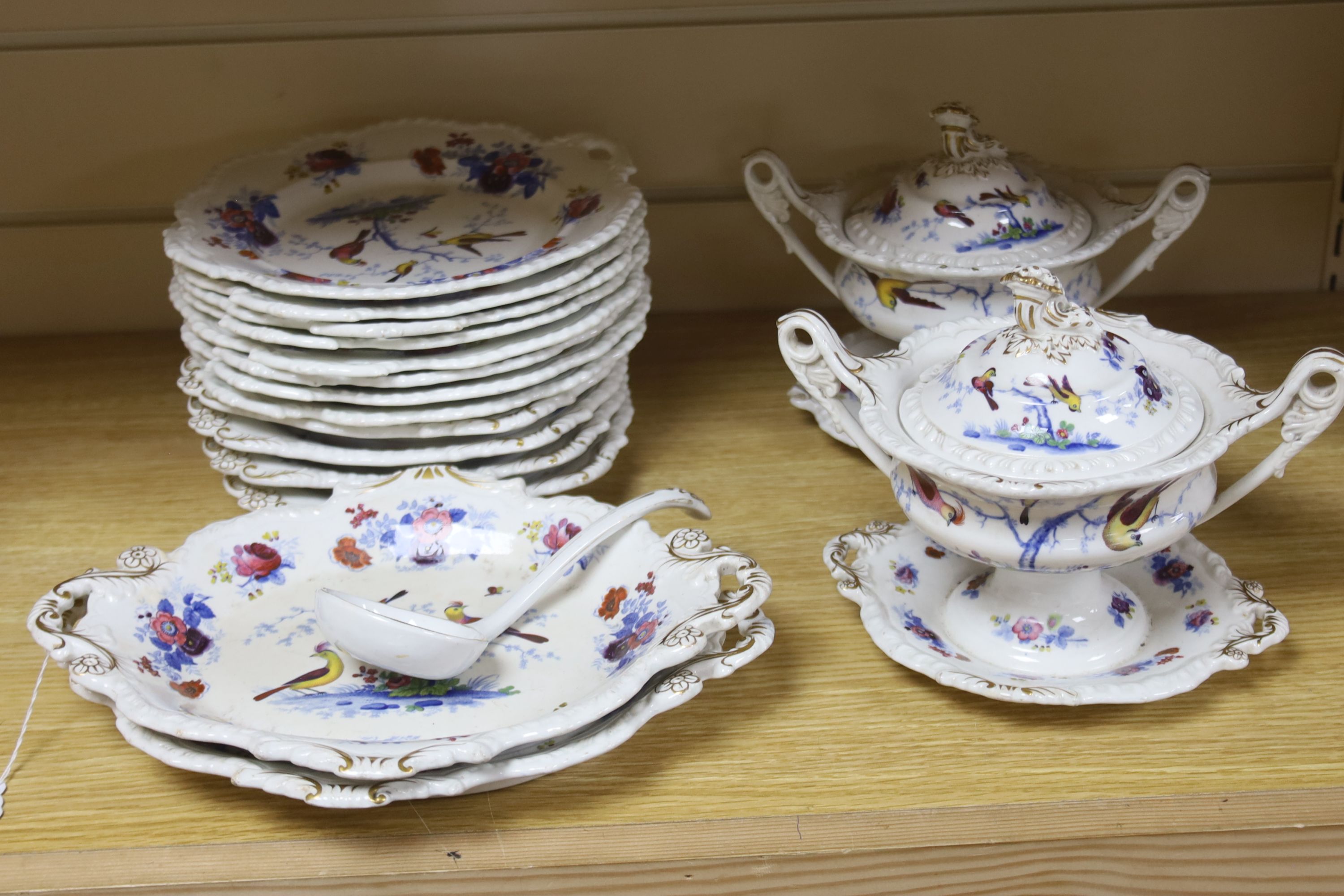 A John W. Ridgway Granite china Oriental birds part dessert service, c.1835